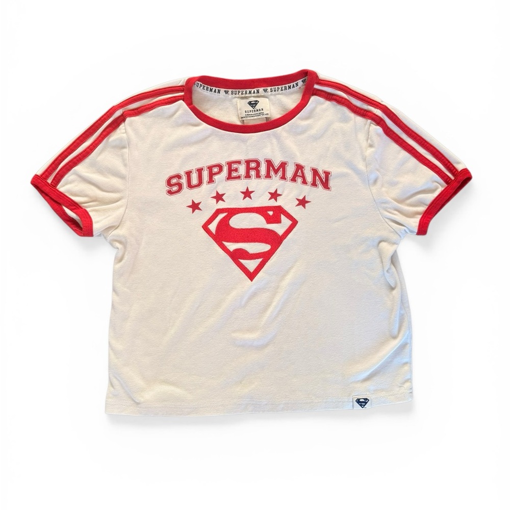 Superman Ringer Tee White Red Embroidered Logo Baby Tee Size Large